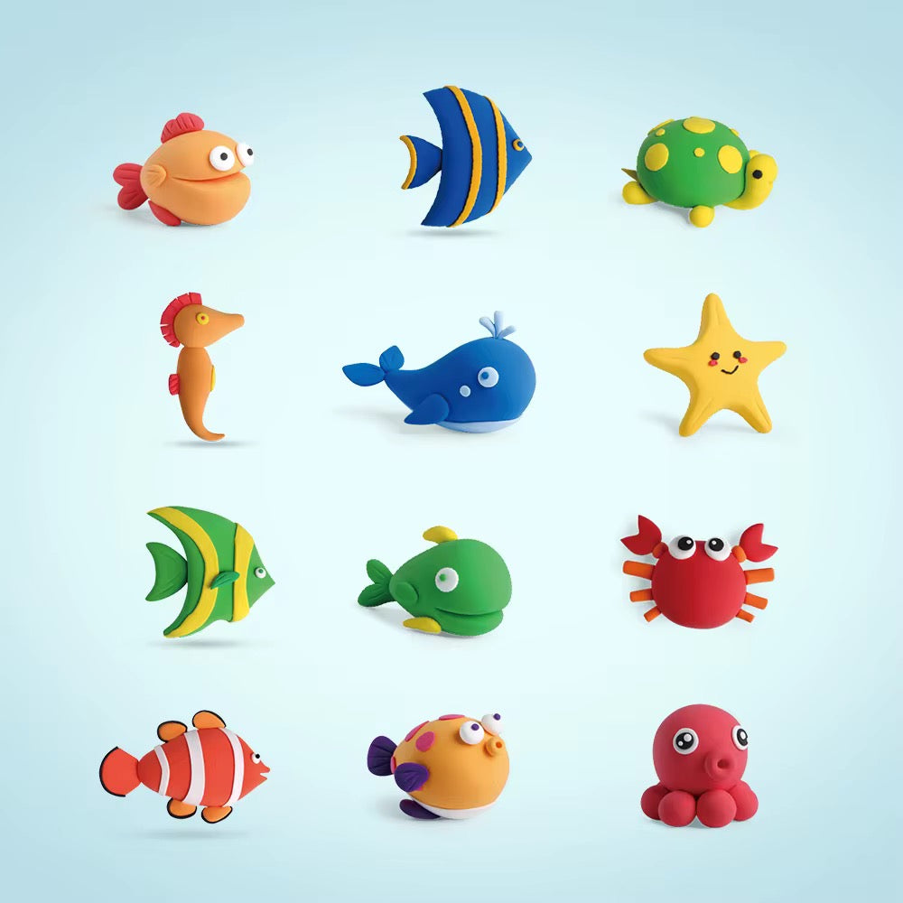 Air dry clay kit sea animals with colorful ocean theme figures, tools and accessories, complete creative set for kids and adults, screen free activity for fine motor skills, sensory play and imagination development, Montessori inspired clay kit by OLIHUG featuring Loufor air dry clay, perfect gift idea for birthdays, holidays and creative family time