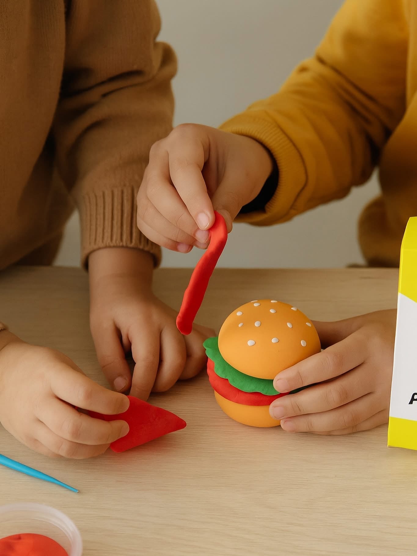 Cute air dry clay creations of fast food items like hamburger, fries, pizza, and soda cup on blue background. Perfect DIY craft kit project for kids, adults, and families who love fun food-themed activities. Encourages creativity, learning through play, and screen-free fun. A Montessori-inspired educational toy and trending gift for 2025, ideal for birthdays, classrooms, homeschooling, and stress-relief crafting for all ages.