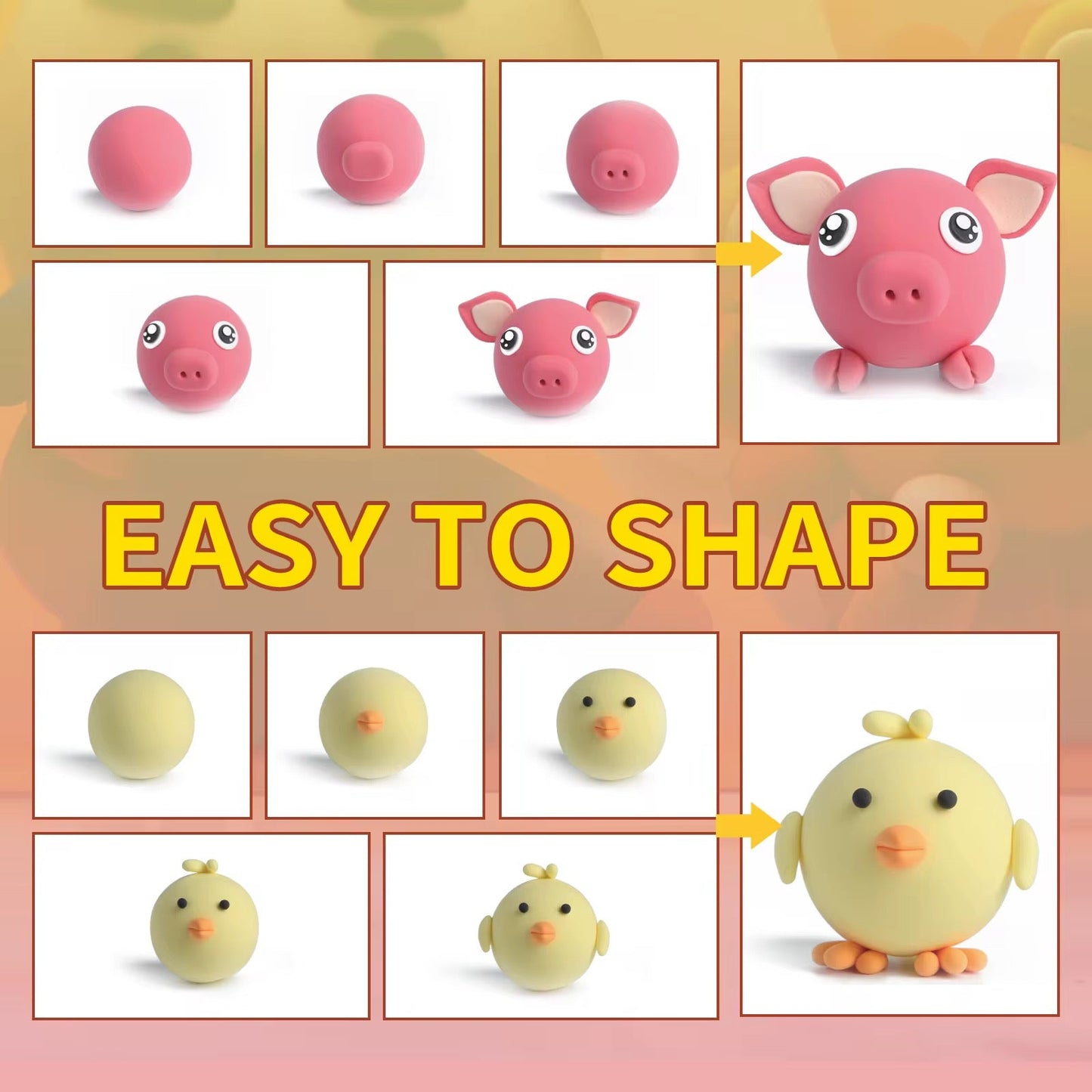 Comparison visual showing sculpting steps and results for 6 animal clay projects from Pet Paradise kit — easy to shape and great for creative self-guided activities.