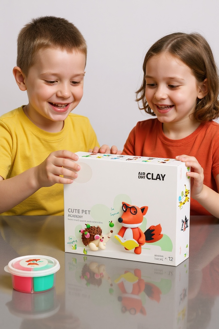 Two children holding an Air Dry Clay box with a fox design on a reflective surface.