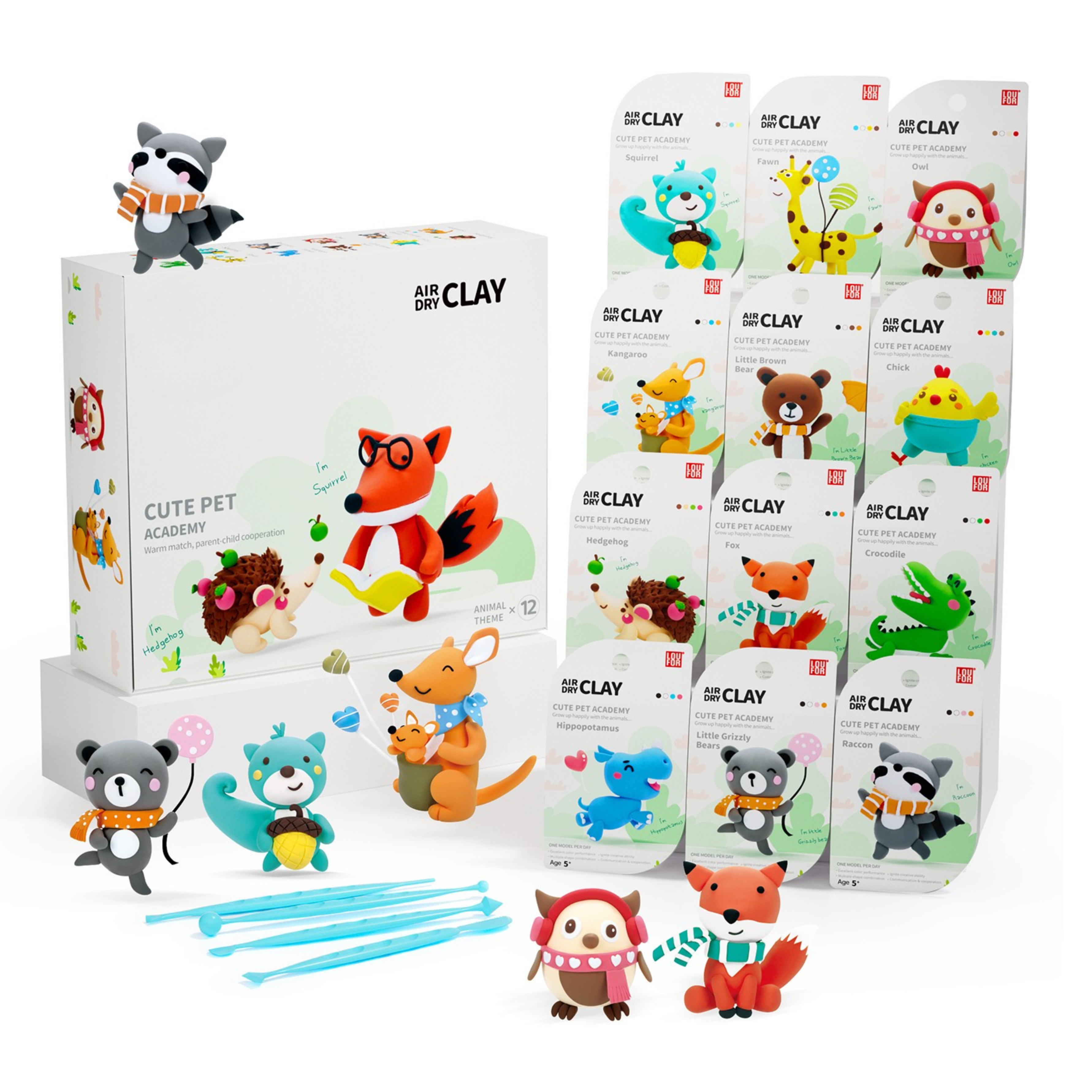 Pet Academy Air Dry Clay Kit box showing 12 colorful animal figures made from soft, non-toxic clay. Includes sculpting tools, tutorials, and eco packaging—perfect screen-free gift for kids. Develops fine motor skills and creative focus. EU-certified safe for ages 3+.
