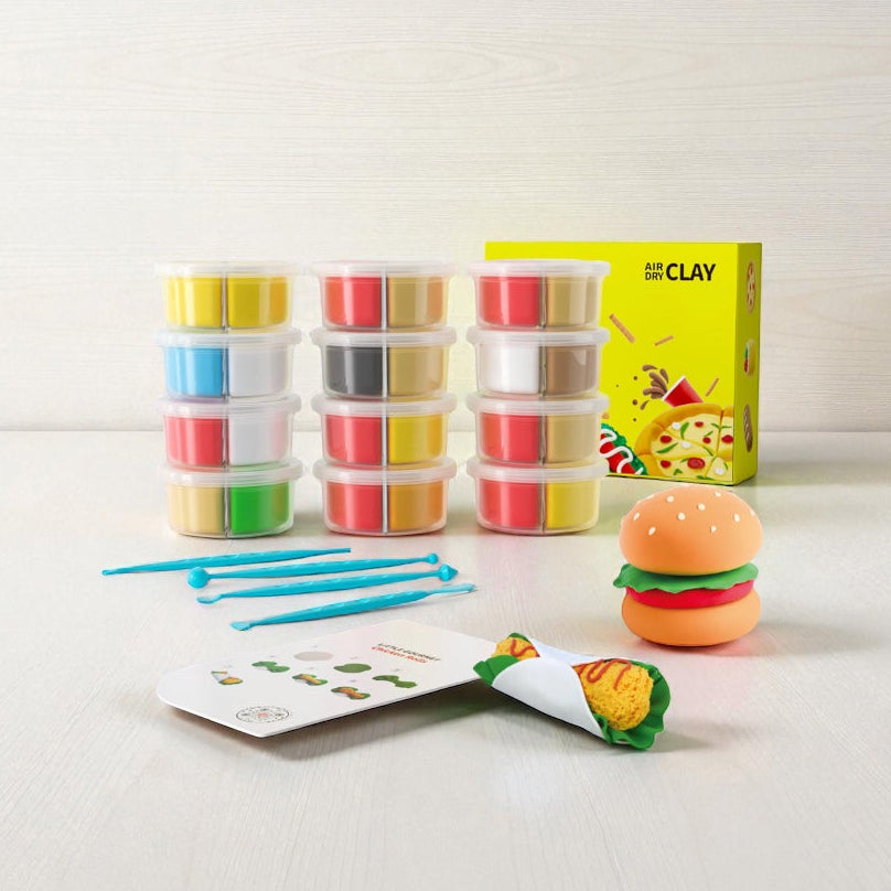 Creative playdough food kit for kids – fun hands-on activity with colorful dough and tools to shape burgers, fries, and pizzas. A unique educational gift that keeps children happy and screen-free.