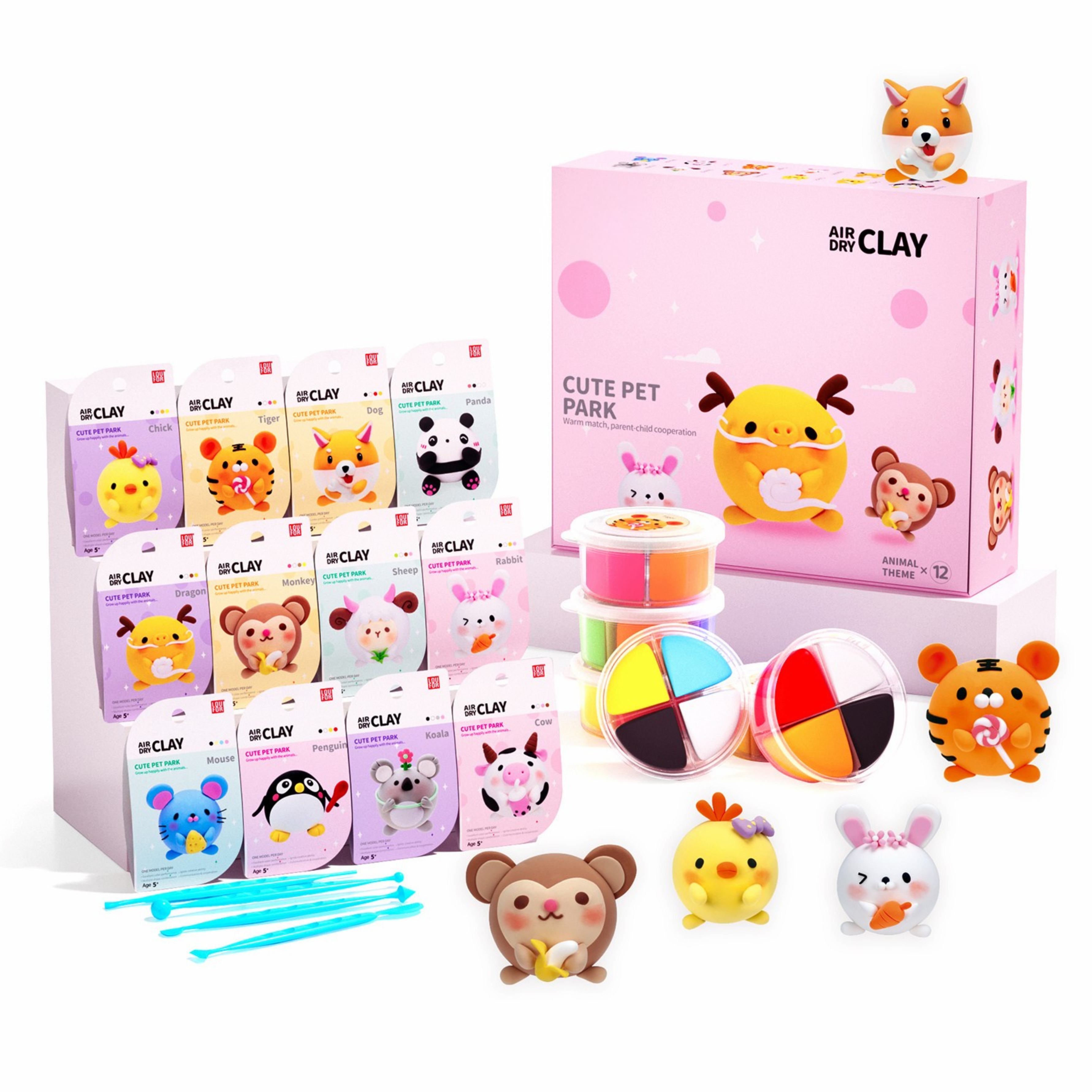 Premium air dry clay modeling kit for kids featuring 12 colorful tubs and animal craft cards. Includes gift-ready packaging and Montessori-inspired learning materials. Ideal for creative clay activities for children aged 3+, birthday gifts, and screen-free play.
