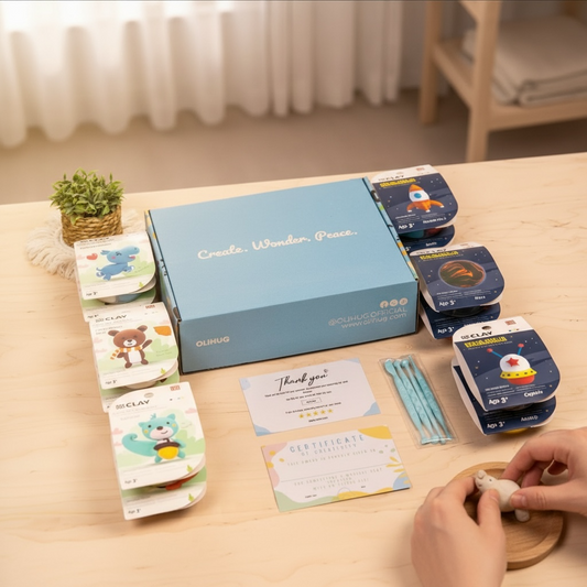 Monthly Montessori air dry clay subscription box for kids and adults, shown in real use with hands creating clay figures. Premium DIY craft box with individual clay kits, tools and instructions