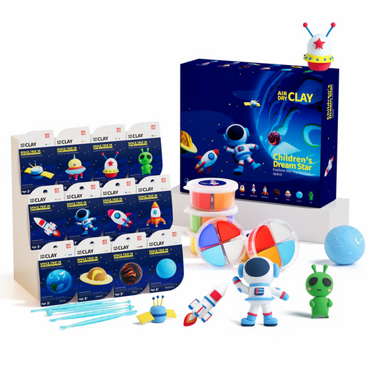 Space Adventure Air Dry Clay Kit featuring 12 galaxy-inspired figurines including astronaut, rocket, planets, and alien. A Montessori-style craft set that inspires kids to explore creativity, science, and imagination through hands-on play. Perfect STEM-inspired gift for birthdays or family fun — helps children focus, relax, and dream big while creating their own cosmic universe.