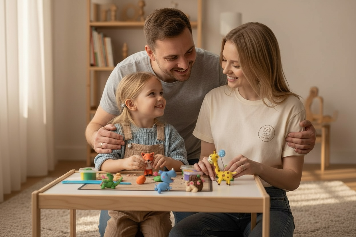 Children enjoying a creative, screen-free activity at home using an OLIHUG air-dry clay kit, shaping colorful animal figures around a wooden table in a Montessori-style playroom. This hands-on kids activity builds fine motor skills, creativity, focus, and social interaction. Perfect for parents looking for educational play ideas, indoor activities for kids, and creative learning through play.