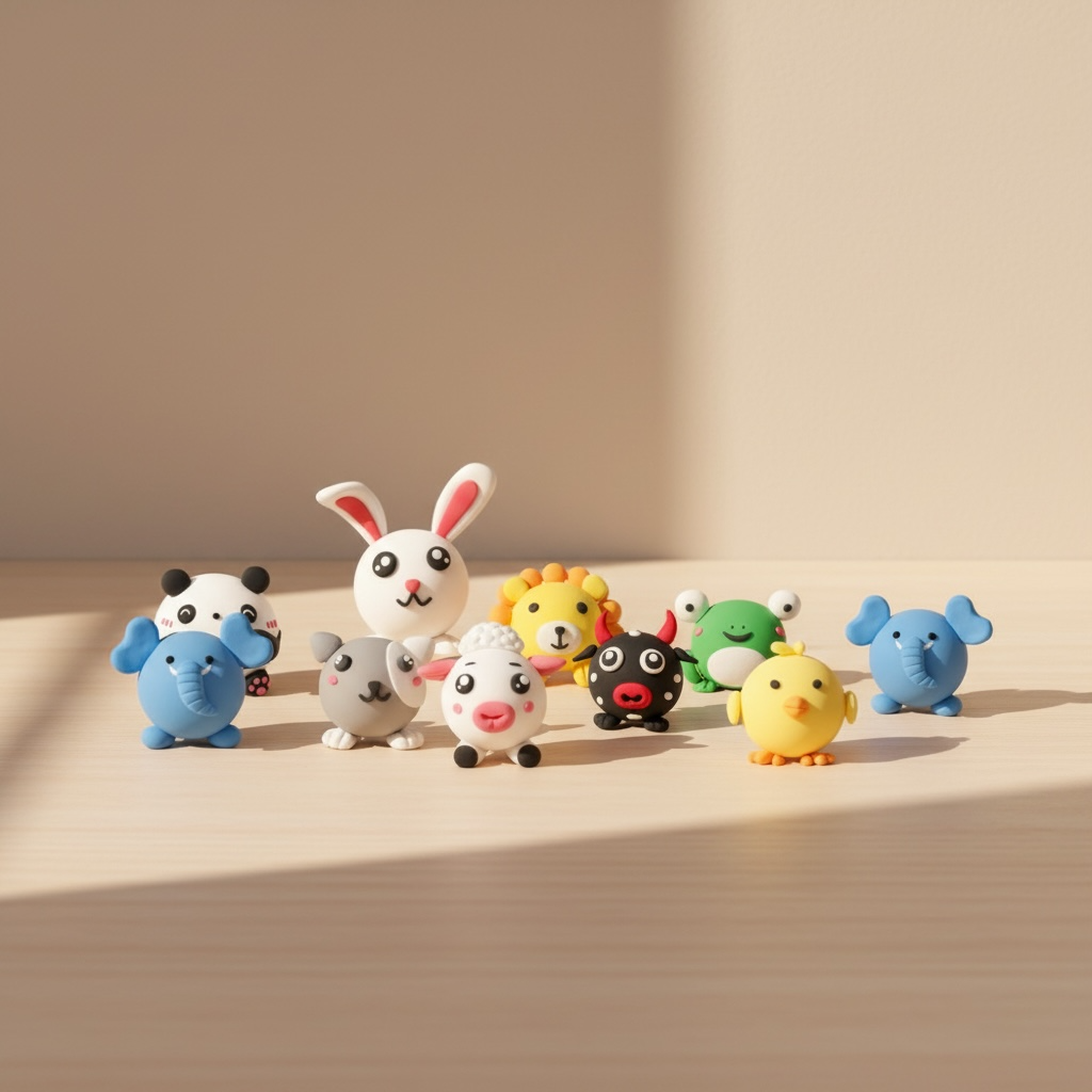 Cute handmade animal figures created with an OLIHUG air-dry clay kit, featuring bunny, elephant, panda, lion, chick, frog, and sheep characters arranged on a natural wooden surface. This Montessori-inspired creative activity supports fine motor skills, imaginative play, and screen-free learning for kids. Ideal for parents searching for fun kids activities at home, creative play ideas, and educational DIY toys.