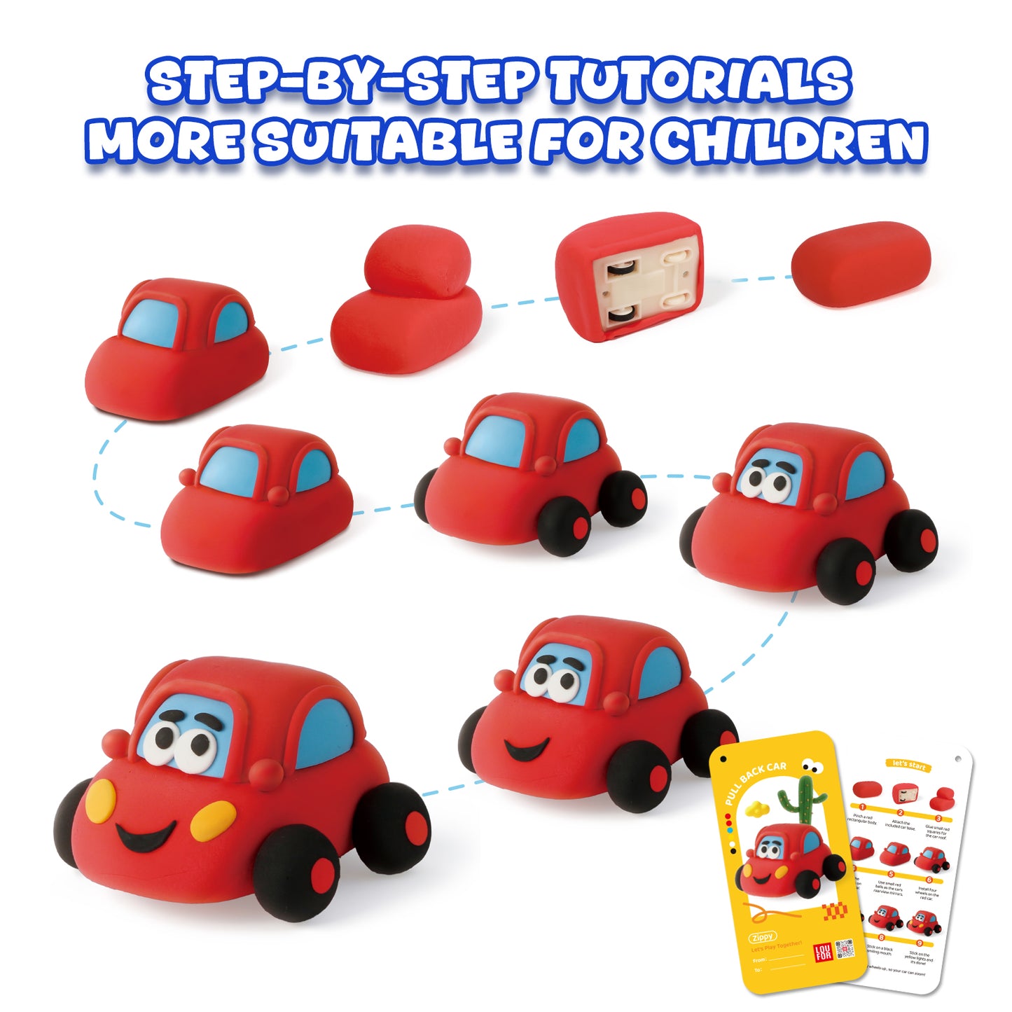 Child playing with finished clay toy cars on the floor, build and play air dry clay activity for toddlers and kids, screen free creative toy that supports imagination and motor skill development, OLIHUG racing car clay kit made with Loufor air dry clay
