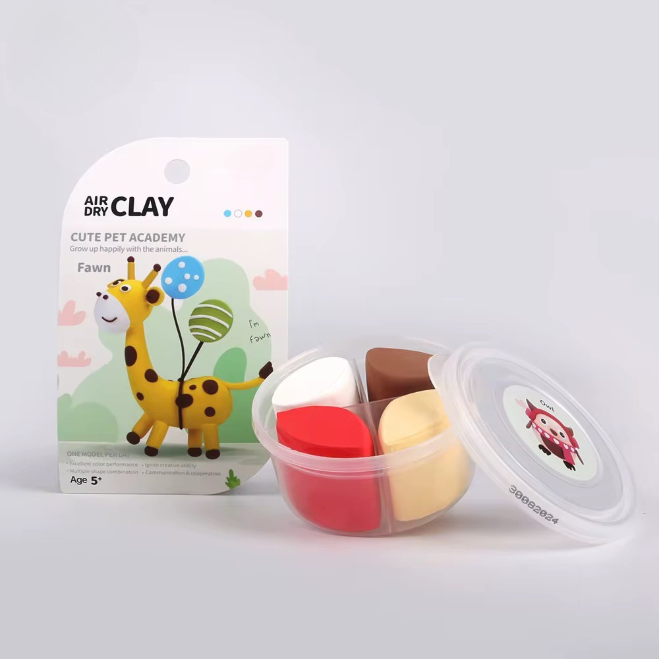 Air-dry clay kit for kids featuring the Cute Pet Academy theme with a giraffe figure on the packaging, includes red, yellow, and brown clay in clear containers, perfect for creative, screen-free play.