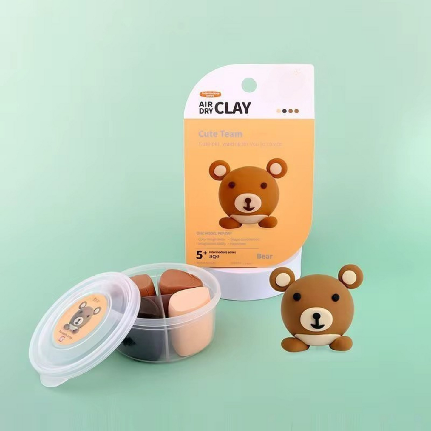 Bear and chick air dry clay projects from the OLIHUG Pet Paradise set, shown with finished results and safe non-toxic clay tubs — encourages screen-free craft time at home.