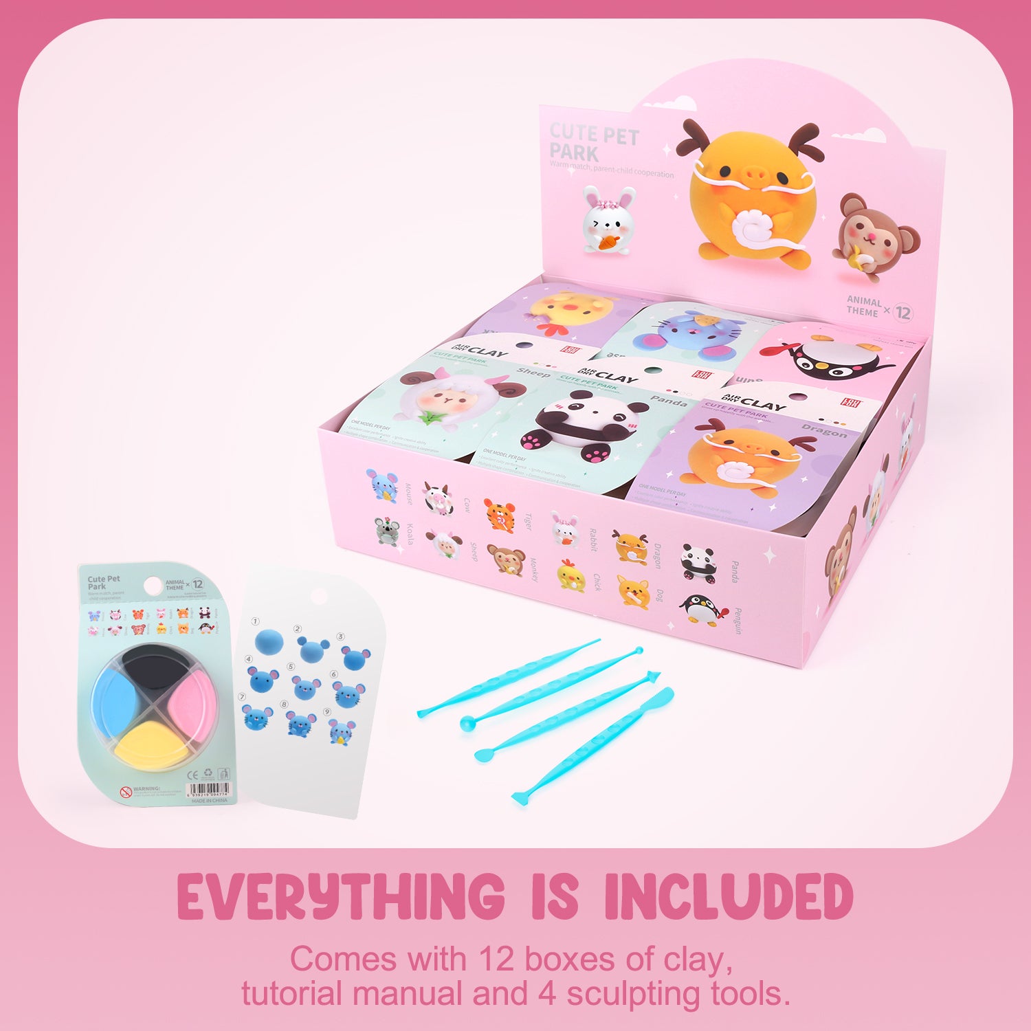 All-in-one air dry clay animal kit with labeled contents: clay tubs, guides, sculpting sticks, and finished examples. Ideal for busy parents, teachers, or gift shoppers looking for complete, ready-to-use craft sets.