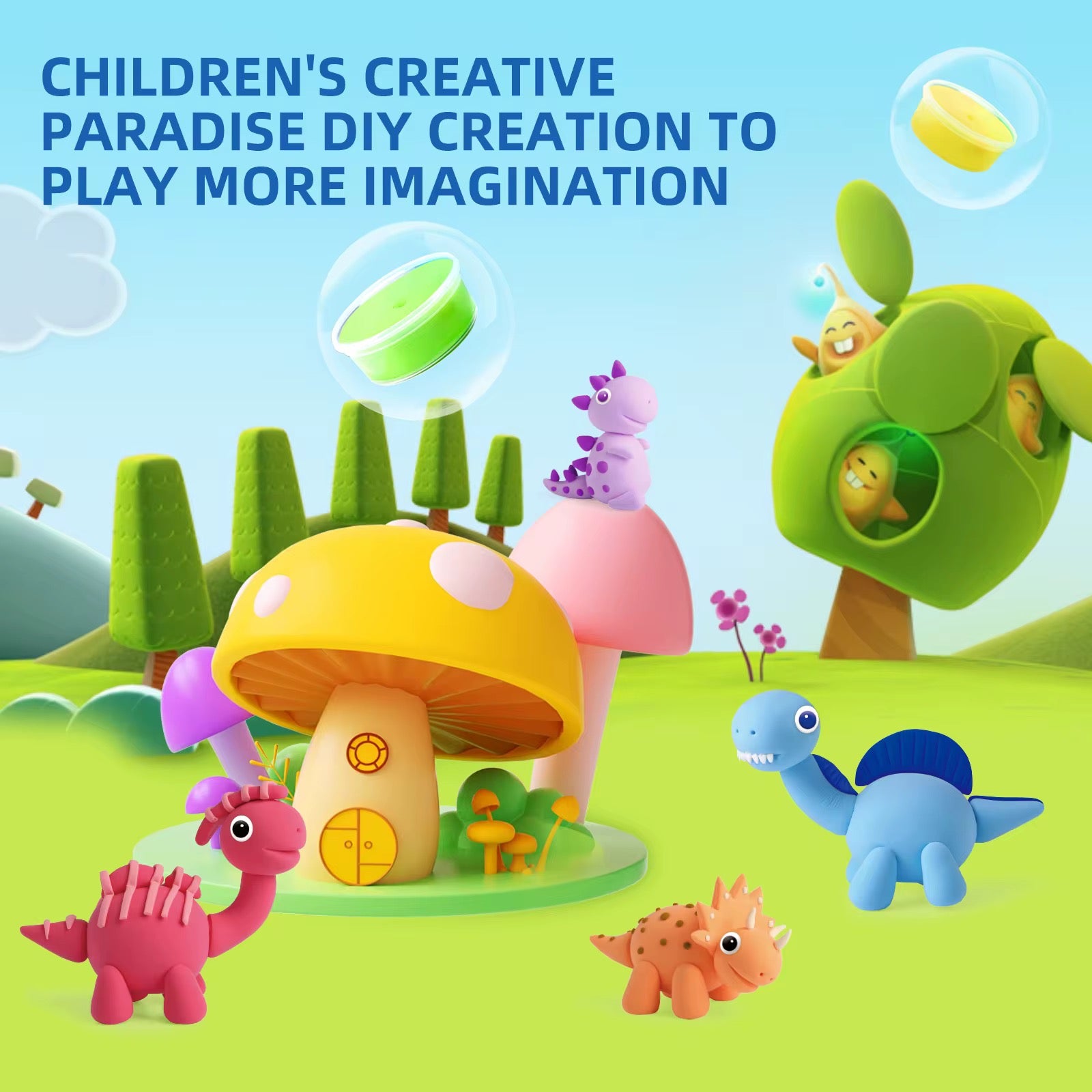 Colorful clay dinosaur scene with mushrooms and magical play landscape. Encourages open-ended storytelling and creativity. Great for Montessori-aligned sensory play.