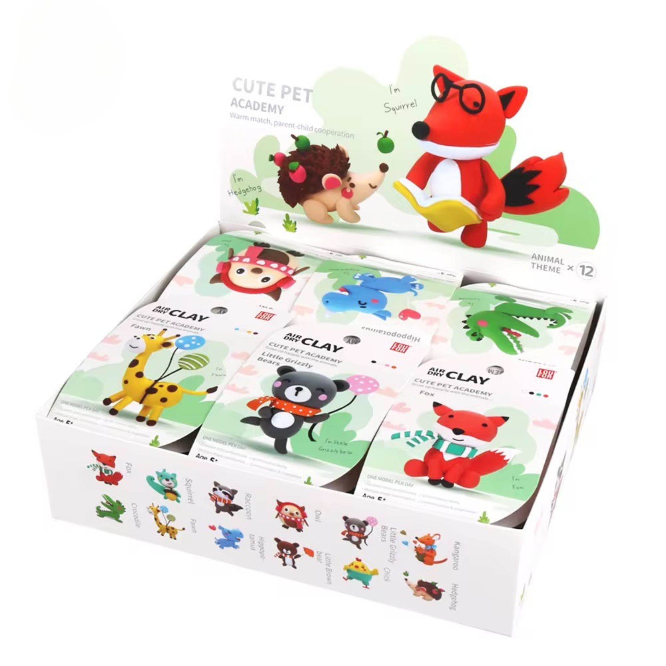 full kit contents displayed: vibrant colored clay, tools, and 12 animal tutorials. Compact, portable, and perfect for travel, birthday gifts, or quiet activities at home or preschool.