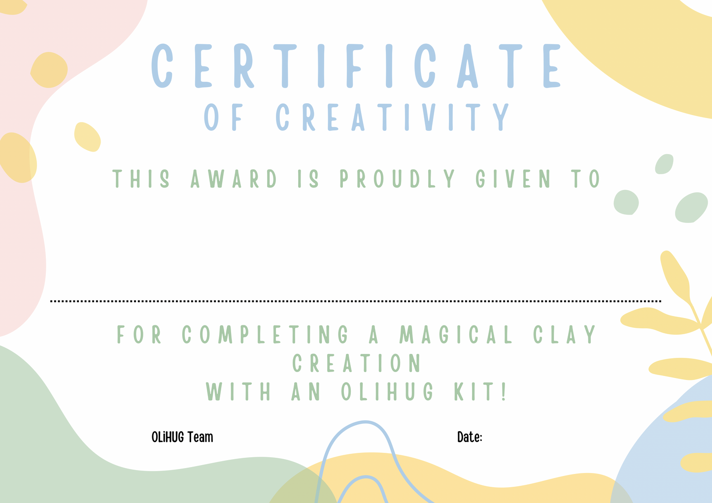 OLiHUG Certificate of Creativity – printable award for kids who complete their magical clay creations. Encourages creativity, confidence, and positive learning through fun art and Montessori-inspired play. Perfect addition to DIY craft kits or children’s creative gift boxes.
