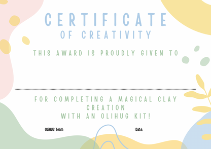 OLiHUG Certificate of Creativity – printable award for kids who complete their magical clay creations. Encourages creativity, confidence, and positive learning through fun art and Montessori-inspired play. Perfect addition to DIY craft kits or children’s creative gift boxes.