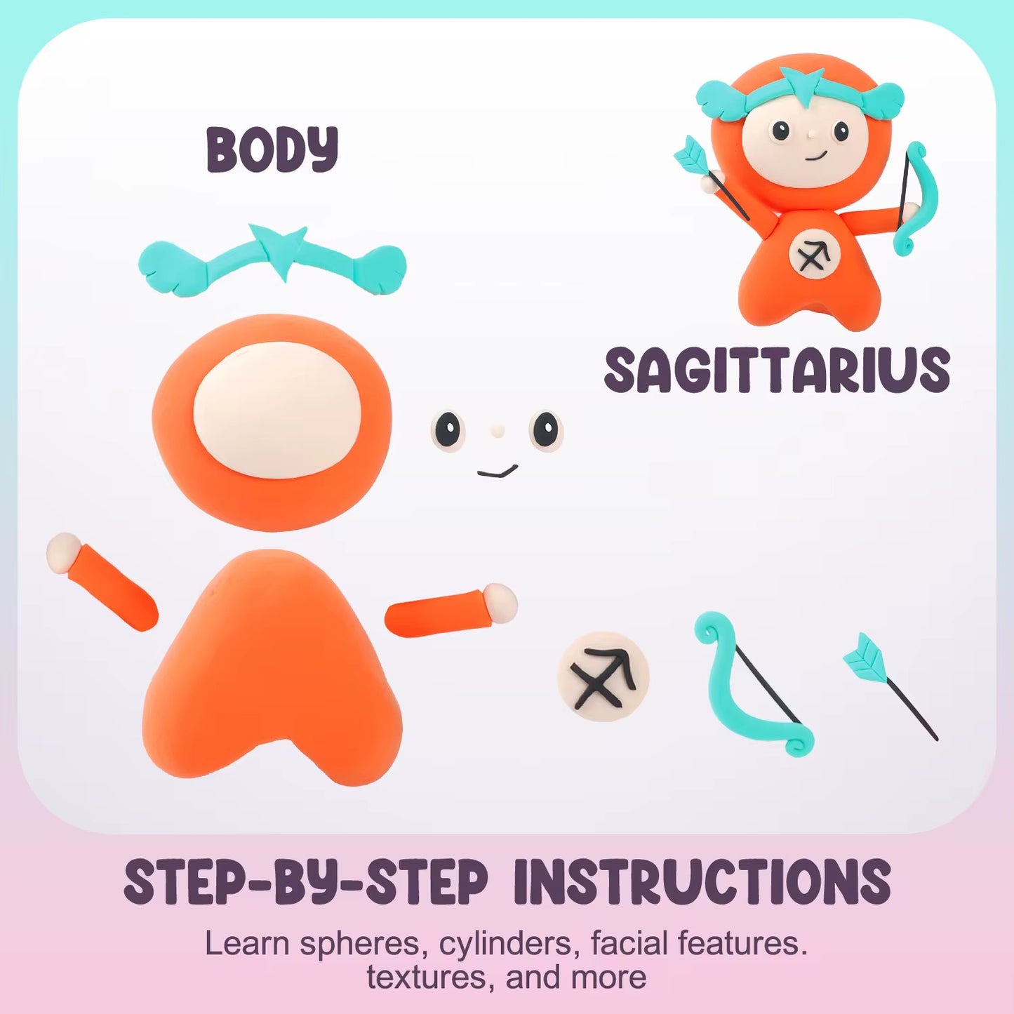 Step-by-step instructions for the OLIHUG Air Dry Clay Kit. Easy and beginner-friendly design that shows how to assemble each zodiac character. Perfect for children learning through play and adults seeking mindful, screen-free creative time. Encourages patience, focus, and self-expression.