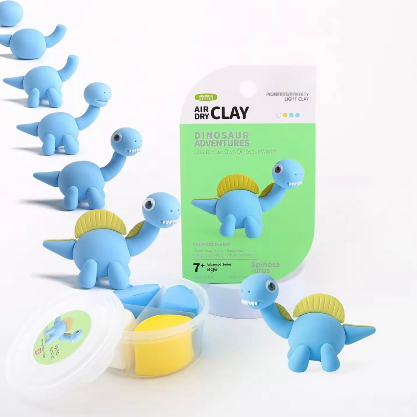 Clay dinosaur army made from blue clay in the Olihug kit. Perfect activity for parties, learning colors, and building hand-eye coordination in young children.