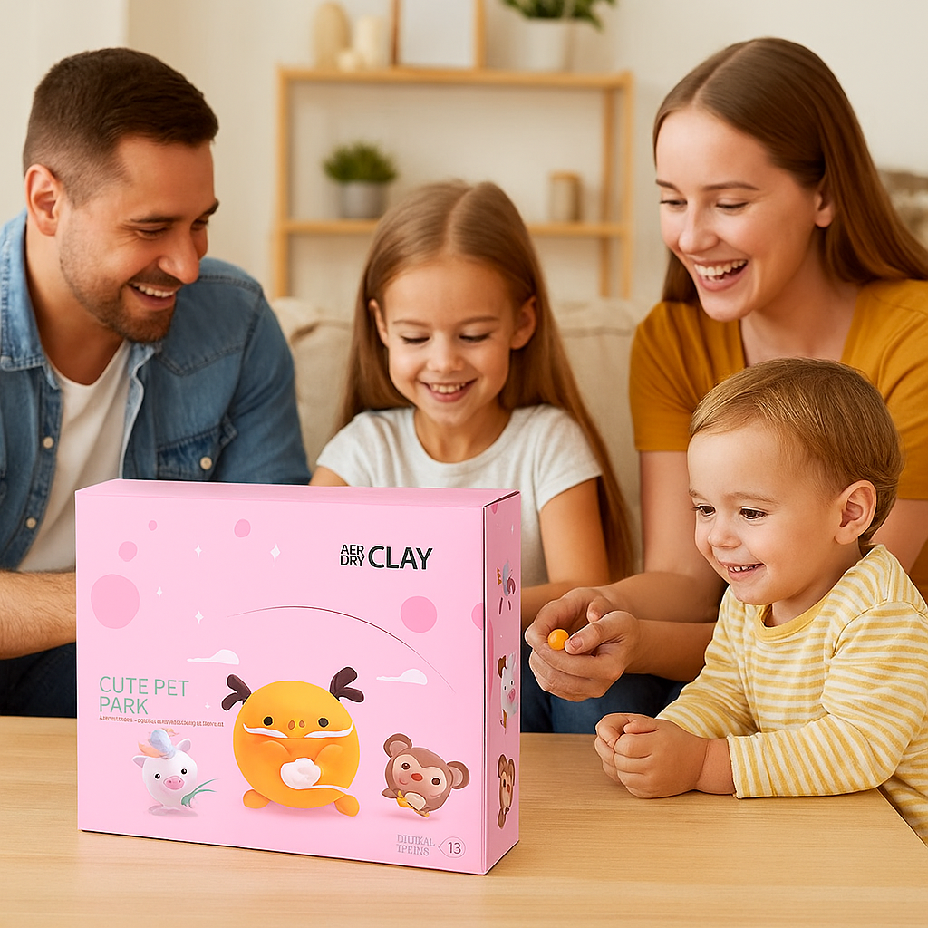A Caucasian family of three sits together in a cozy, well-lit living room. The father and mother face each other with joyful smiles, while their young blond son sits between them, holding a pink “Cute Pet Park” air dry clay set. The parents’ hands gently support the box as they present it to him. Soft natural light fills the room, highlighting the beige sofa, warm tones, and the family’s happy expressions, creating a heartwarming and authentic gift-giving moment.