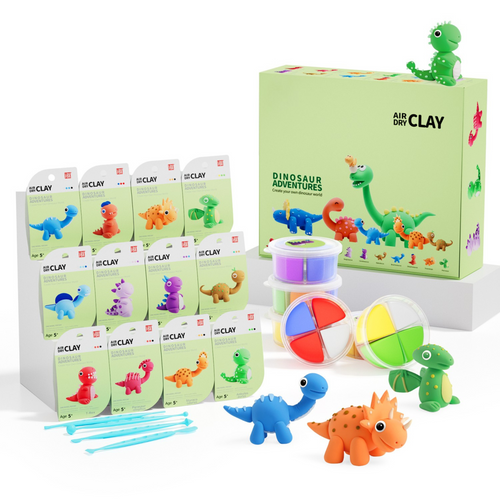Eco-friendly dinosaur clay kit for kids showing 12 colorful air-dry dinosaur figures and gift-ready packaging. Includes step-by-step guides, clay tubs, and crafting tools. Ideal for Montessori learning and screen-free play.