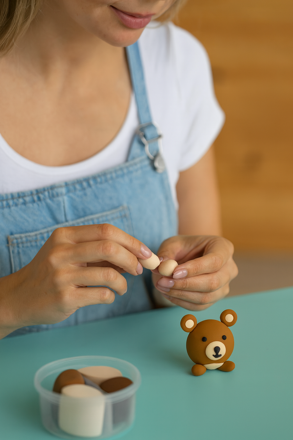 Person making a small bear figurine with clay on a teal surface