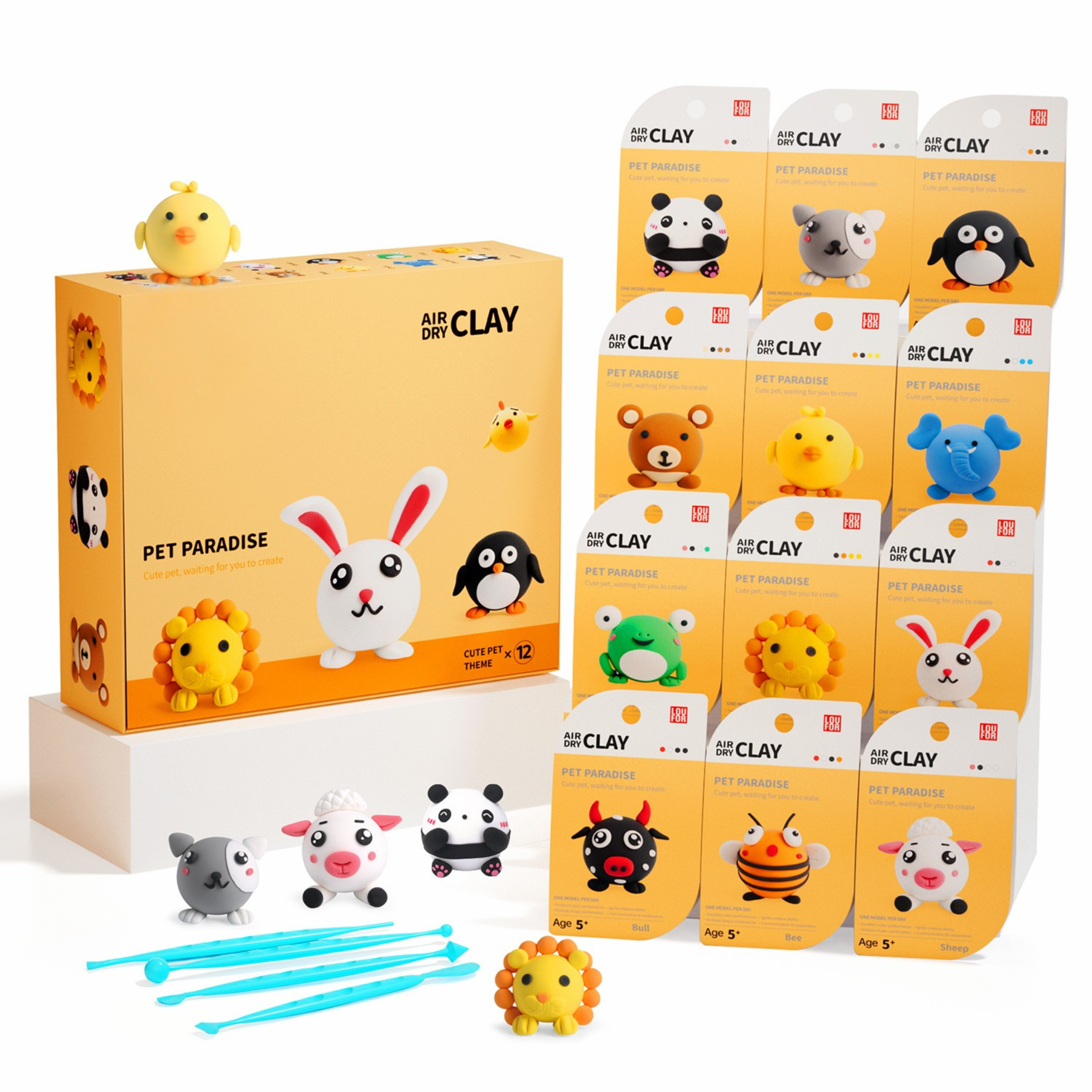 OLIHUG Pet Paradise air dry clay kit featuring 12 animal-themed DIY projects, complete clay tubs, sculpting tools, and eco-friendly packaging — Montessori-inspired activity set for kids and families.