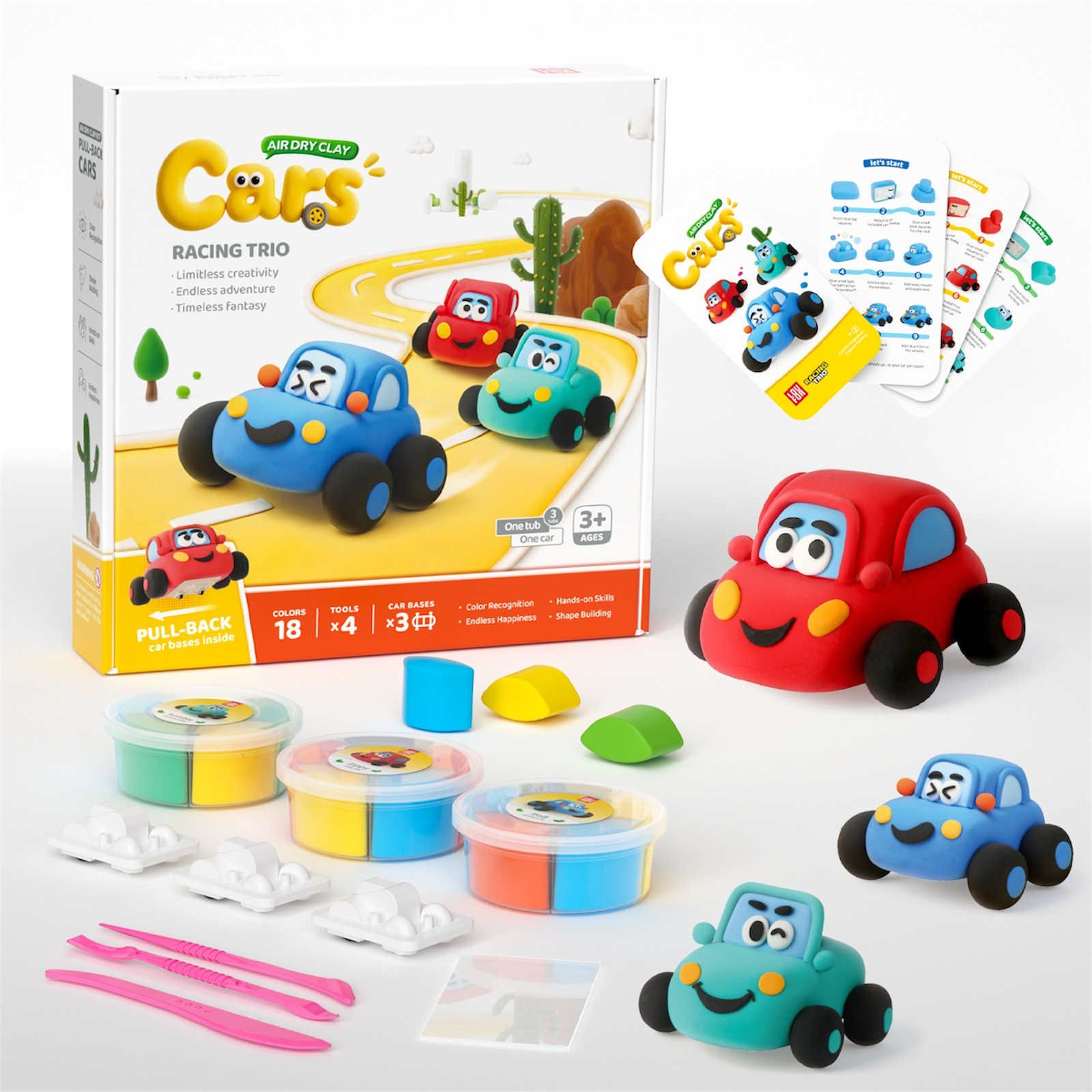 Air dry clay car kit with colorful racing cars, clay tubs, sculpting tools and packaging box, build and play DIY toy set for kids, screen free creative activity that develops fine motor skills and imagination, non toxic soft clay kit by OLIHUG made with Loufor air dry clay, perfect gift for toddlers and children