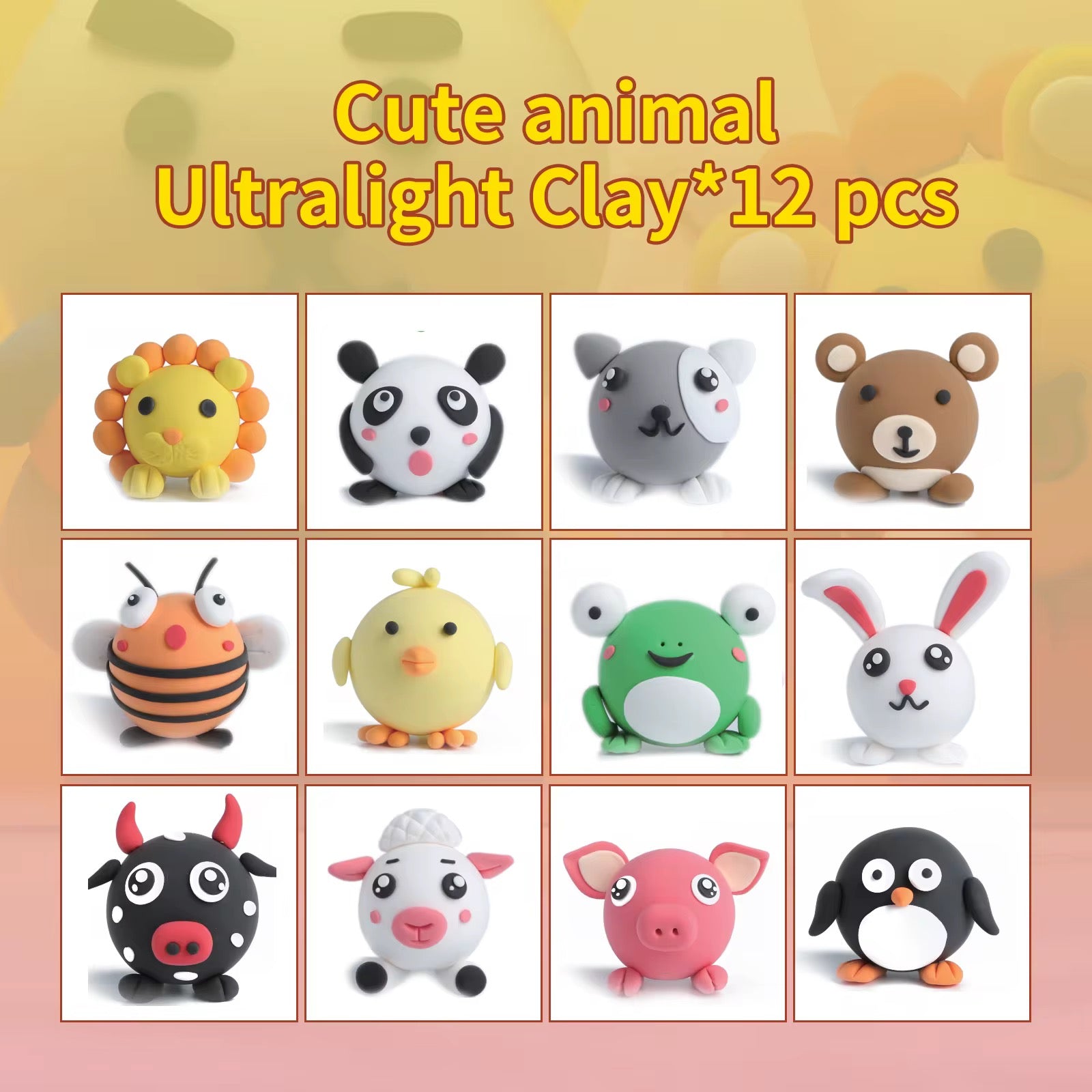 Visual preview of all 12 clay characters in the OLIHUG Pet Paradise kit including bear, frog, elephant, rabbit, and penguin — a collectible gift set ideal for ages 5 and up.