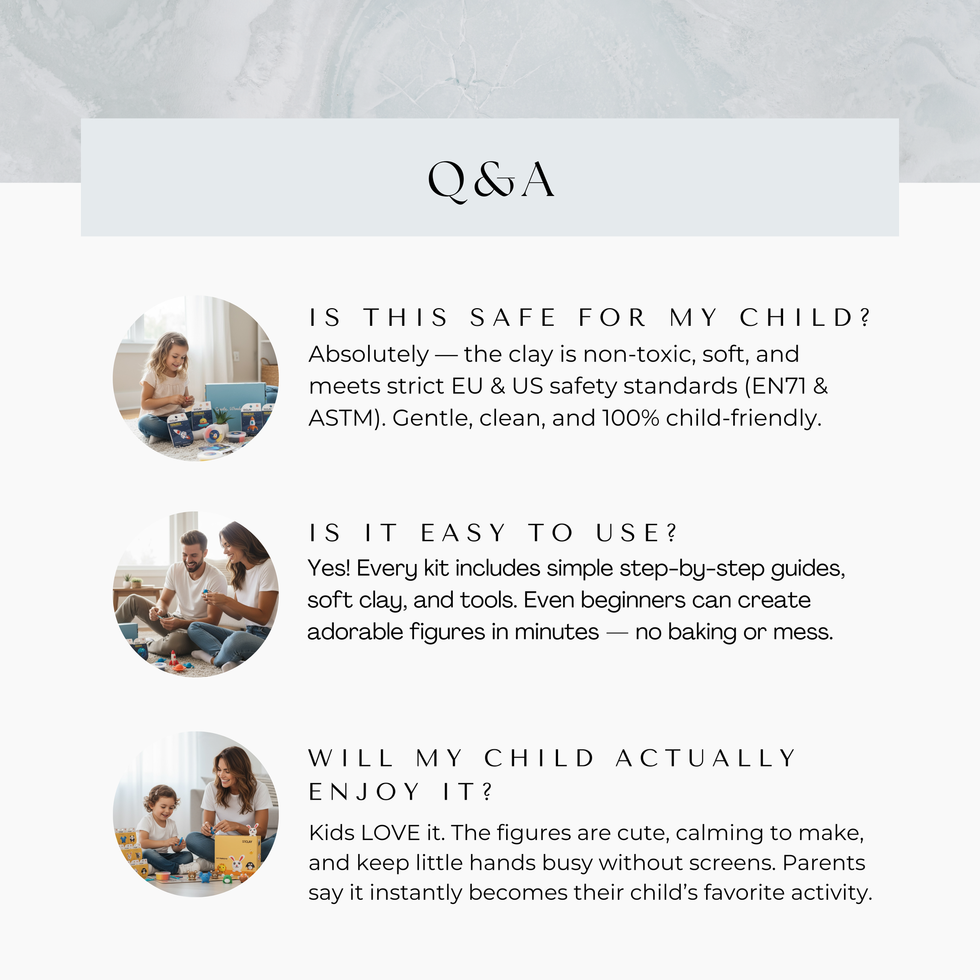 Frequently asked questions about Montessori air dry clay subscription box, including age suitability, materials, safety and creative benefits. Educational and relaxing DIY clay activity for children and adults.