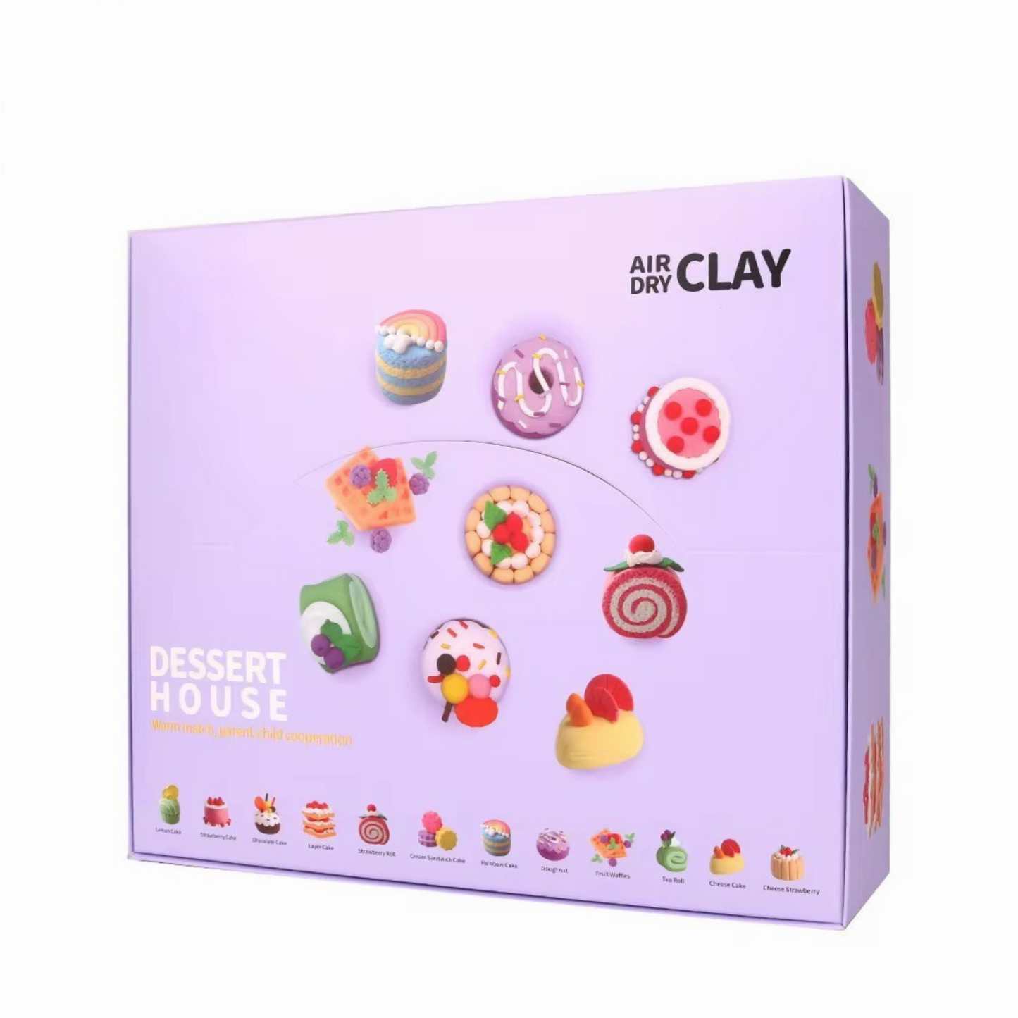 Everything included in this Dessert House clay kit: 12 unique dessert molds, pastel clays, sculpting tools, and guidebook. Non-toxic, mess-free and perfect for mindful moments, birthday gifts, and classroom creativity stations.