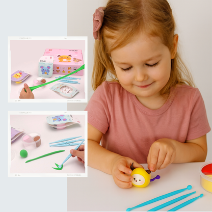Young child smiling while creating clay figures with Montessori air dry clay kit. Calm sensory play activity that encourages creativity, confidence and hands-on learning without screens.