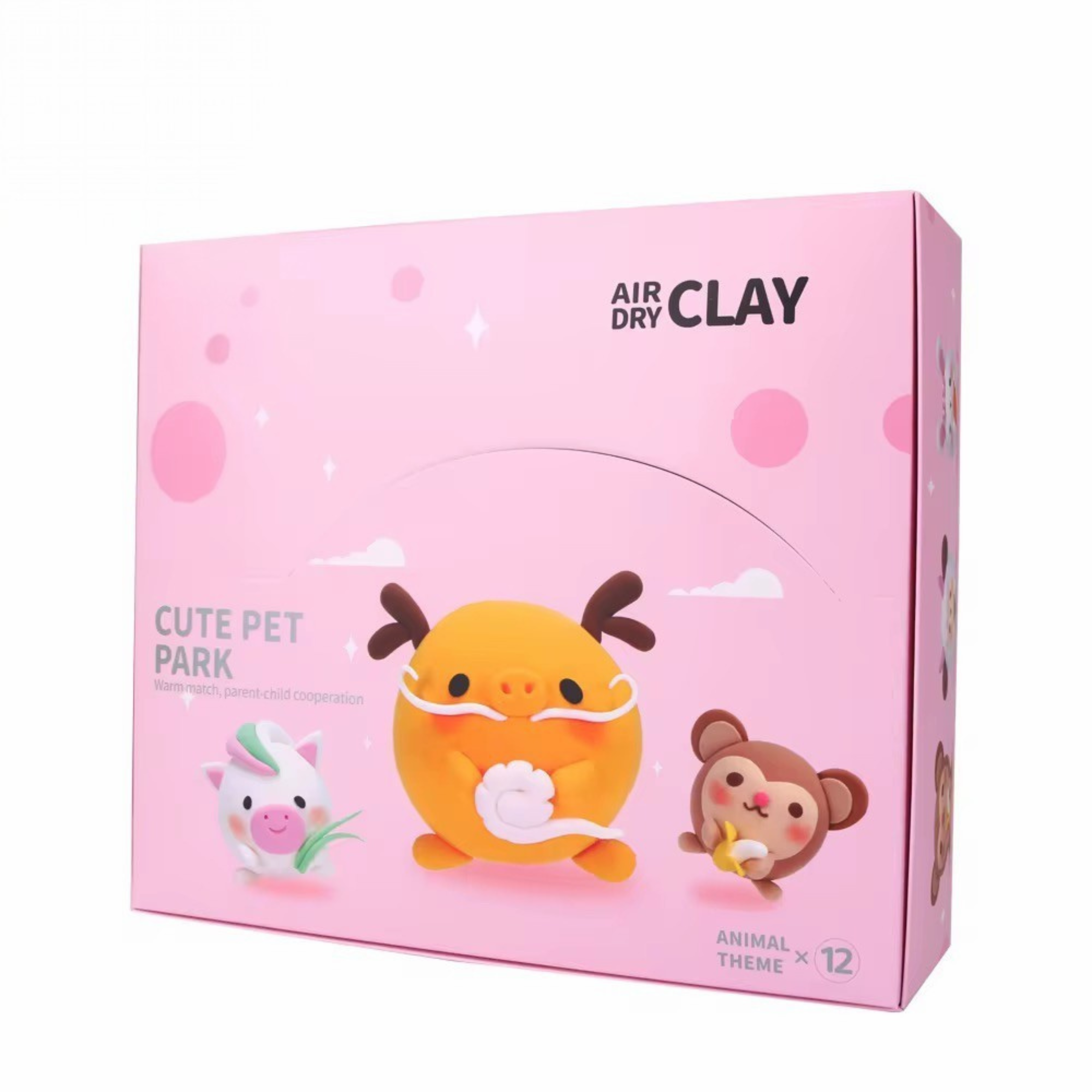 Rear side of OLIHUG Pet Park air dry clay kit showing branding and animal designs. Packaging designed for retail display, gift shops, and family crafting.