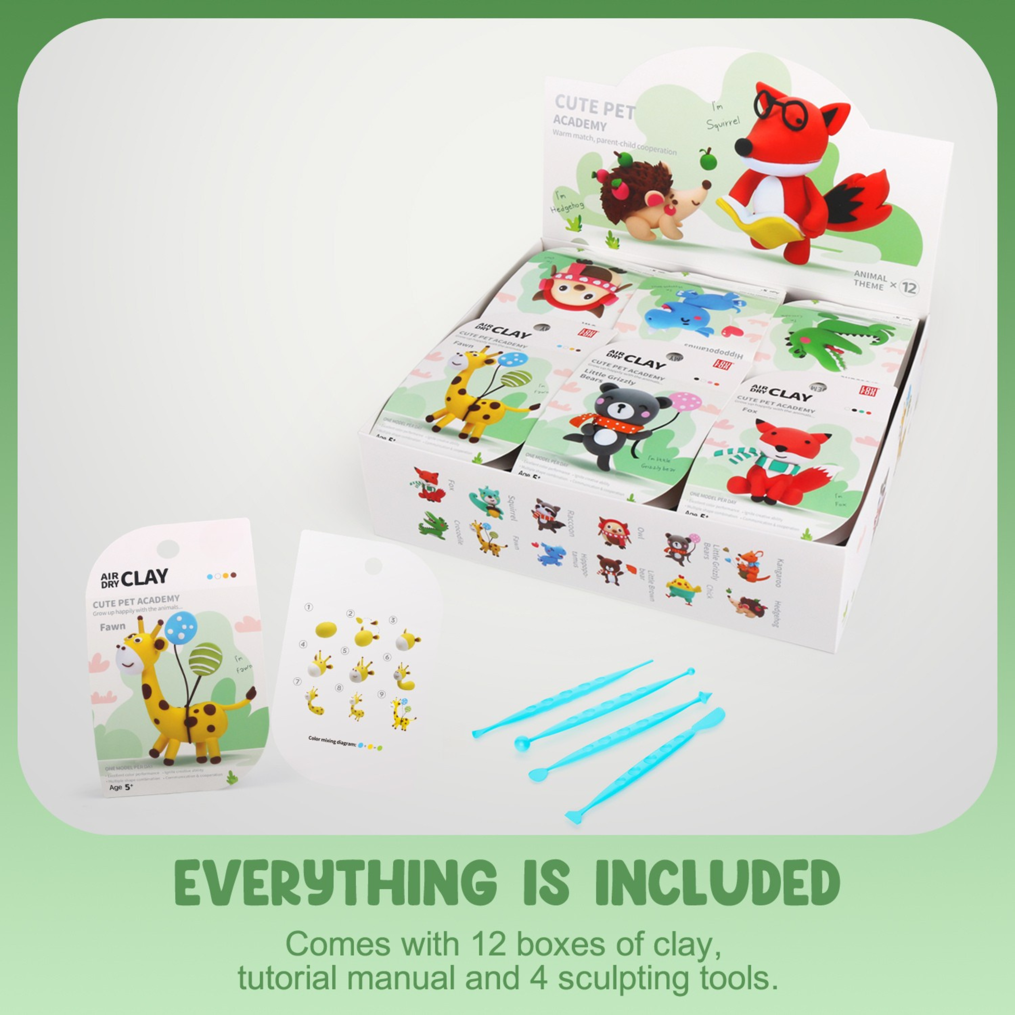 Everything included in the Pet Academy clay kit: 12 tubs of vibrant clay, easy-to-use sculpting tools, full-color instruction manual, and collectible character box. Montessori-inspired activity for hands-on fun and mindful crafting.