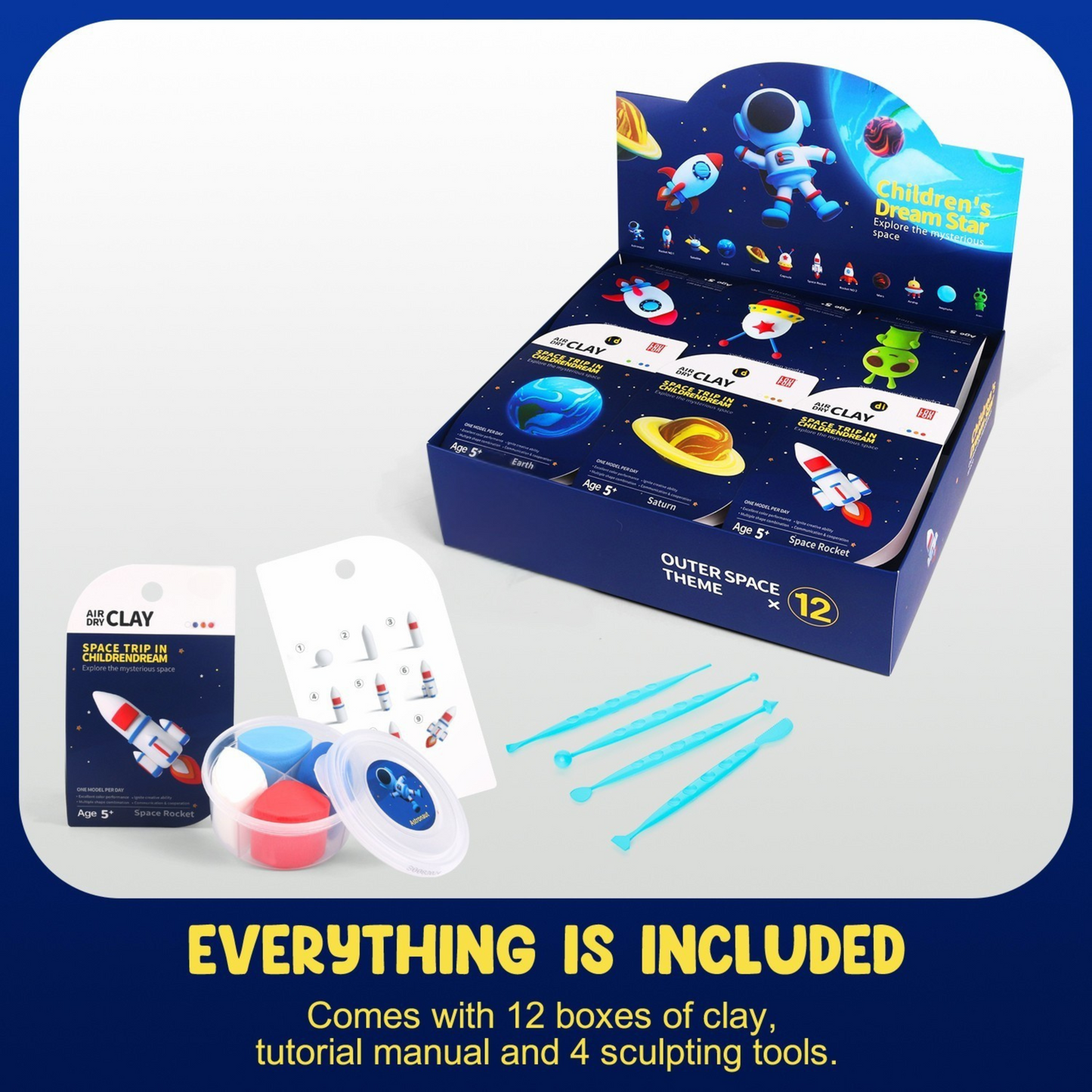 DIY space activity kit for children – soft, safe modeling materials to create planets, satellites, and UFOs. Great mindful art project and family bonding gift.