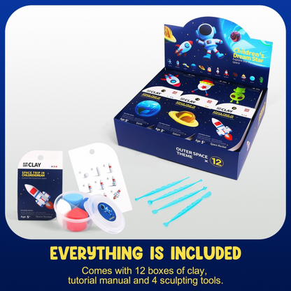 DIY space activity kit for children – soft, safe modeling materials to create planets, satellites, and UFOs. Great mindful art project and family bonding gift.