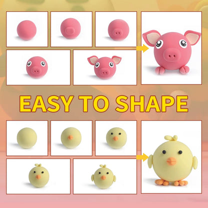 Comparison visual showing sculpting steps and results for 6 animal clay projects from Pet Paradise kit — easy to shape and great for creative self-guided activities.