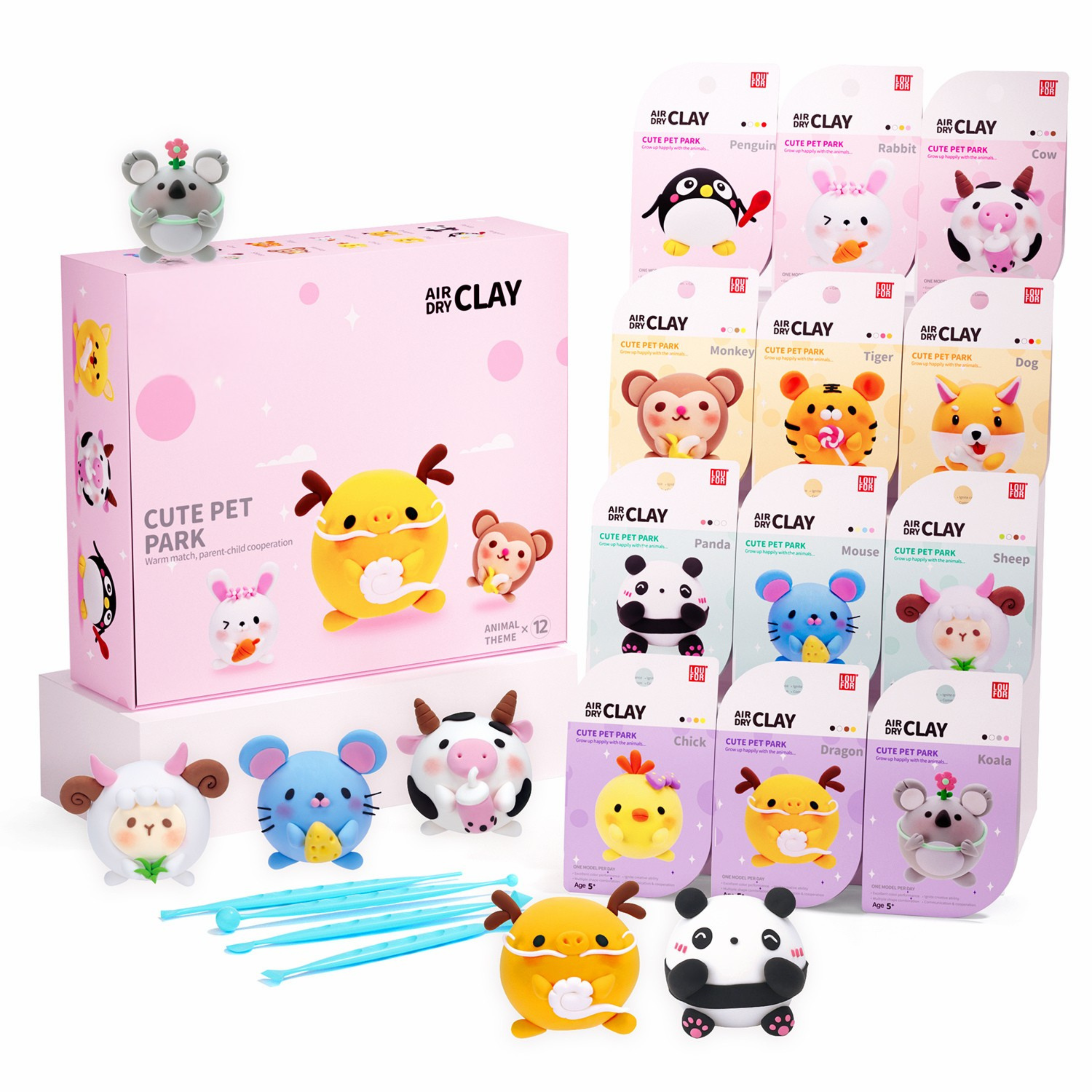 Coffret cadeau complet Loufor Pet Park avec pâte autodurcissante, pots de couleurs, outils de modelage et tutoriels animaux étape par étape. Idéal pour les activités Montessori, l’école à la maison ou les loisirs créatifs éducatifs.