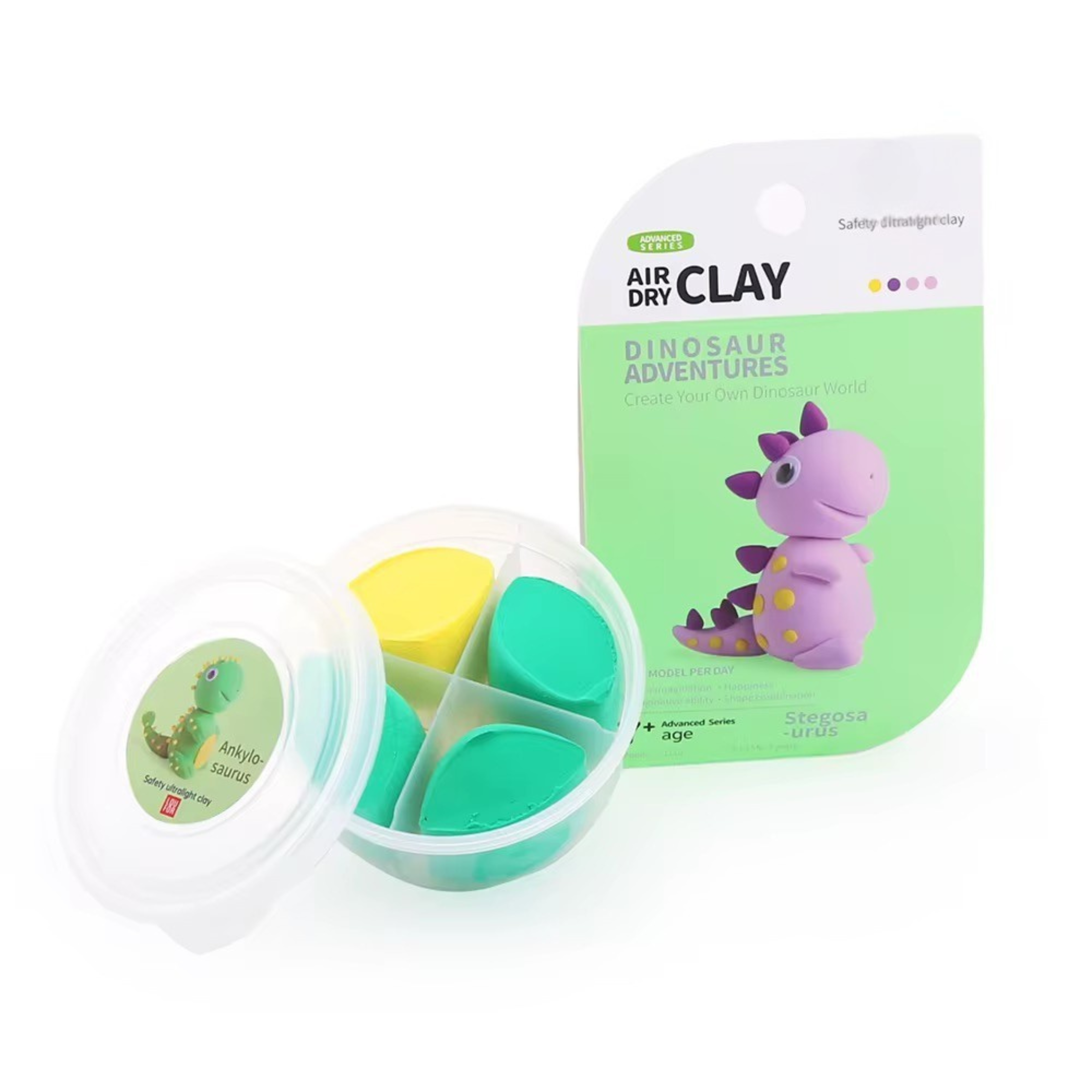 Single dinosaur clay figure beside air-dry clay tub and branded packaging. Safe and educational creative gift for toddlers and kids aged 3+.