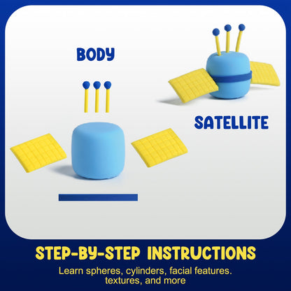 Tutorial image showing step-by-step instructions for building a satellite using Olihug air-dry clay. Designed to help kids create 3D figures independently, enhancing confidence and creative skills.