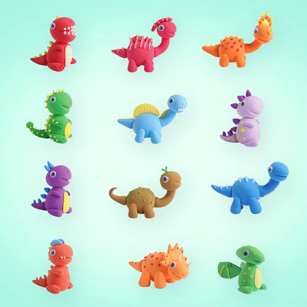 Twelve finished dinosaur models sculpted with Olihug air-dry clay kit for children. Features T-Rex, Stegosaurus, and more in bright rainbow colors. Encourages fine motor skills and creative play.