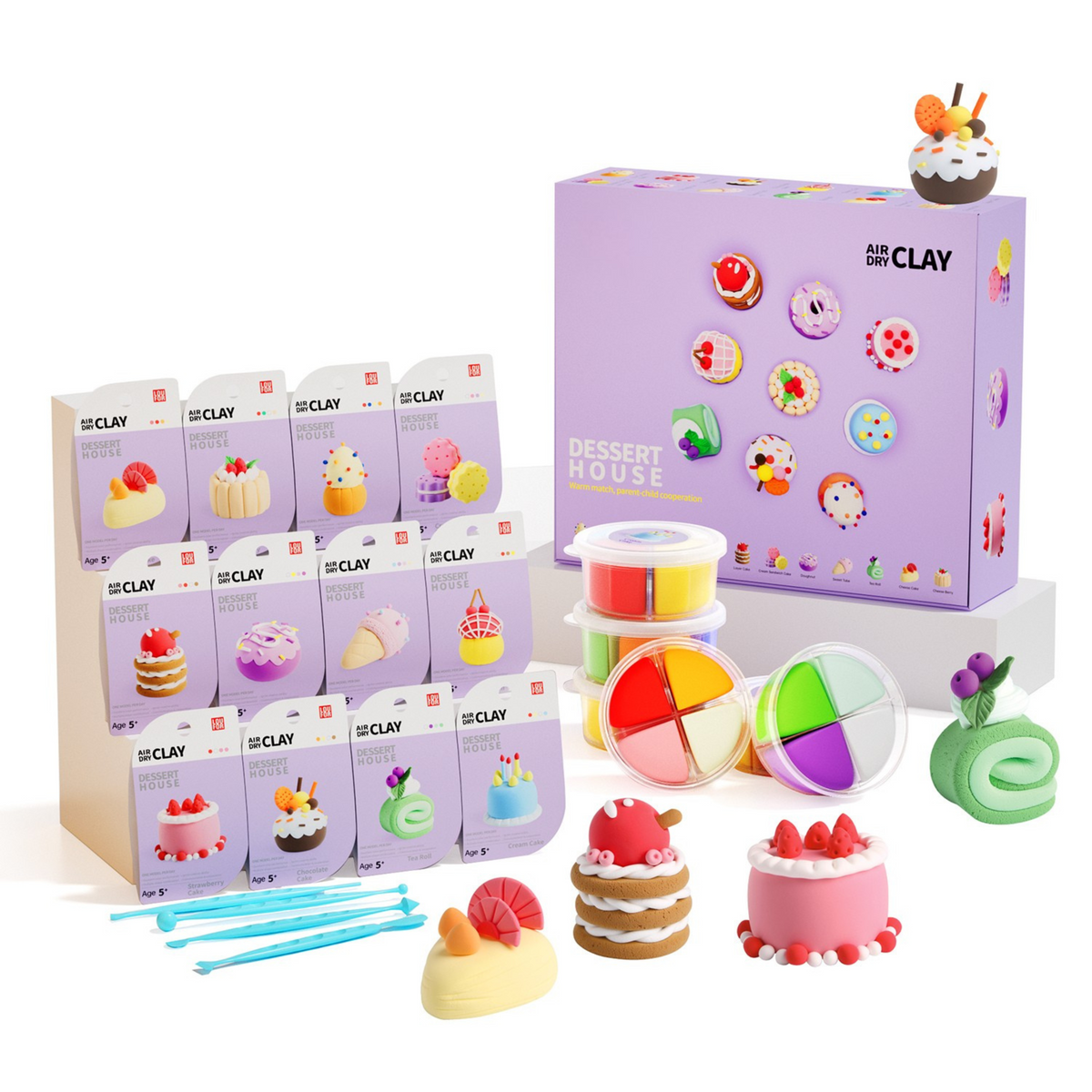 Premium Dessert House air-dry clay kit with 12 dessert molds, vibrant clay colors, and tools. Perfect Montessori-inspired gift for kids, toddlers, and adults. Eco-friendly, non-toxic, and CE certified for safe indoor sensory play, family bonding, and screen-free creativity.