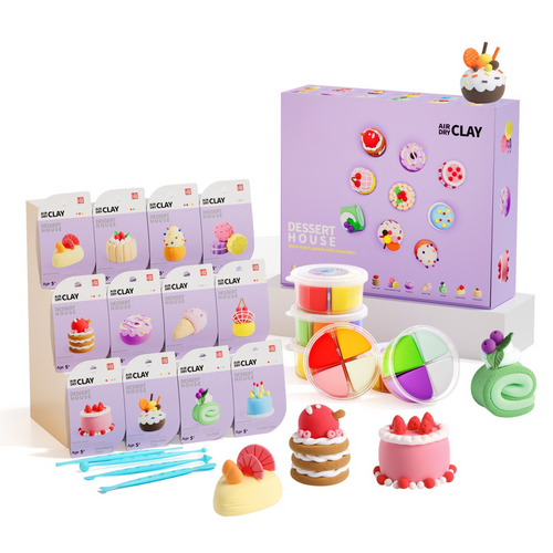 Premium Dessert House air-dry clay kit with 12 dessert molds, vibrant clay colors, and tools. Perfect Montessori-inspired gift for kids, toddlers, and adults. Eco-friendly, non-toxic, and CE certified for safe indoor sensory play, family bonding, and screen-free creativity.