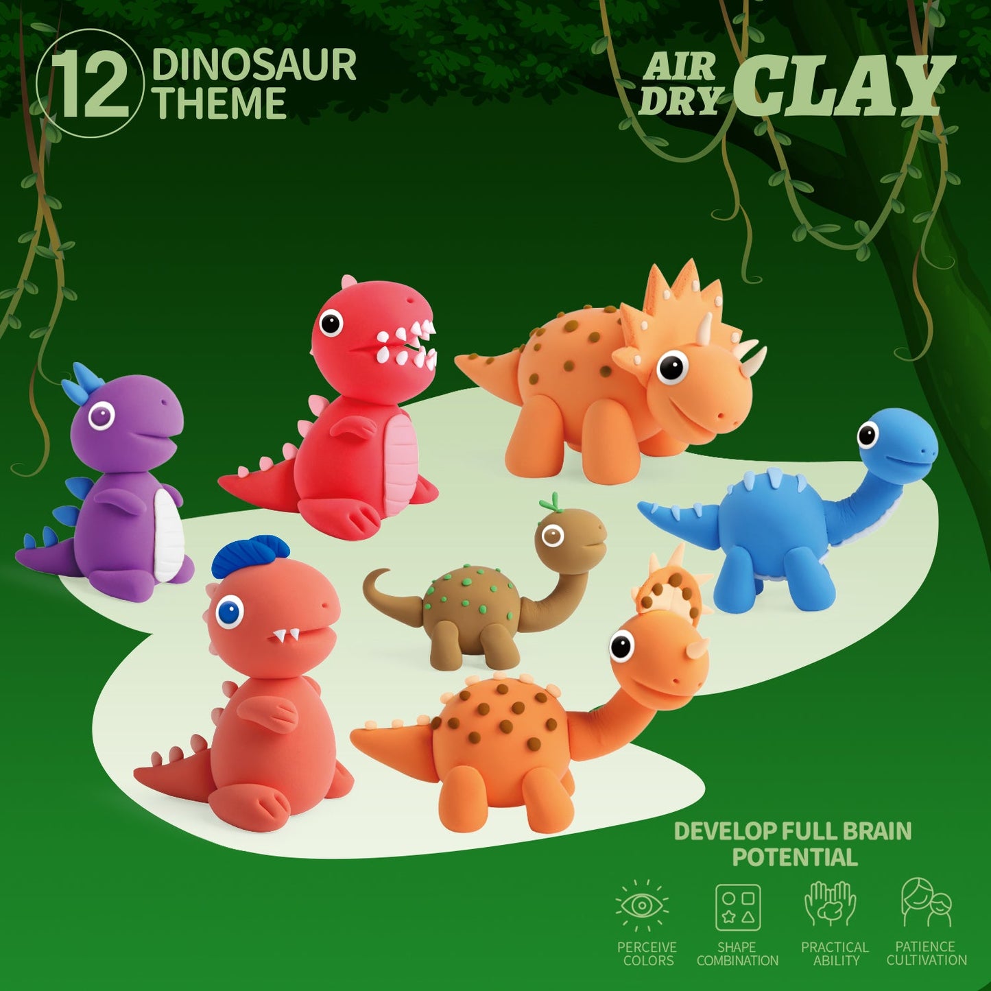 Green dinosaur clay kit box cover with all 12 prehistoric figures displayed. A fun and educational gift idea for kids ages 3 and up, perfect for birthdays, classrooms, or creative activities at home.