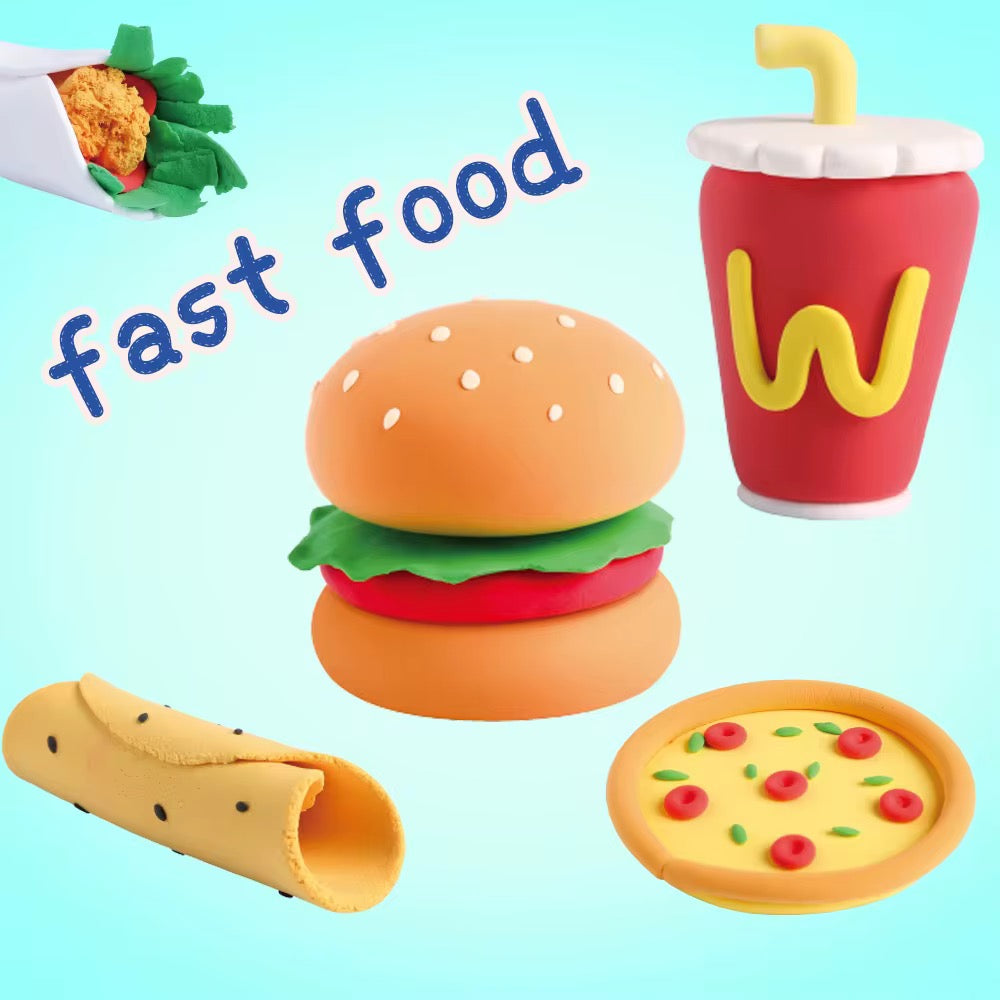 Fast food-themed clay models with bold text ‘fast food’ and mini figures like burger, wrap, and drink. Bright and playful gift set designed for children’s fine motor development and creative playtime. Eco-friendly clay for safe crafting experiences.