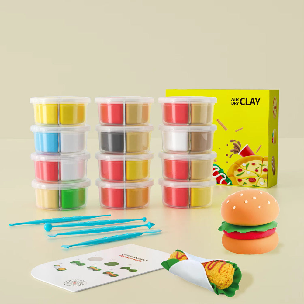 Air dry clay kit featuring 12 individually packaged fast food-themed DIY projects like burgers, fries, pizza, and more. Perfect Montessori-inspired creative gift for kids and families, encouraging screen-free play, fine motor skills, and sensory development. Includes tools and illustrated instructions for easy crafting. Non-toxic and safe for children. Great birthday or Christmas gift idea.