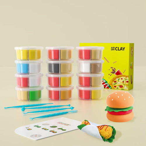 Air dry clay kit featuring 12 individually packaged fast food-themed DIY projects like burgers, fries, pizza, and more. Perfect Montessori-inspired creative gift for kids and families, encouraging screen-free play, fine motor skills, and sensory development. Includes tools and illustrated instructions for easy crafting. Non-toxic and safe for children. Great birthday or Christmas gift idea.