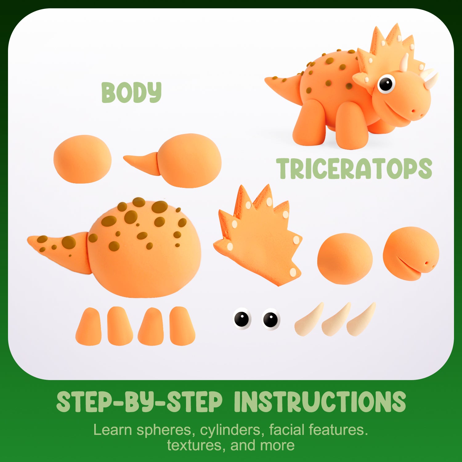 Visual instruction card showing how to sculpt a Triceratops dinosaur with orange air-dry clay. Step-by-step Montessori-style guidance helps kids build confidence through creative hands-on play.