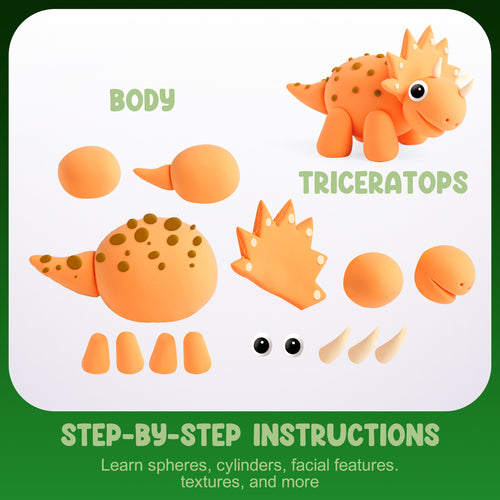 Visual instruction card showing how to sculpt a Triceratops dinosaur with orange air-dry clay. Step-by-step Montessori-style guidance helps kids build confidence through creative hands-on play.