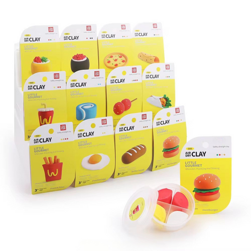 OLIHUG Little Gourmet air dry clay kit featuring 12 individually packaged fast food-themed DIY projects like burgers, fries, pizza, and more. Perfect Montessori-inspired creative gift for kids and families, encouraging screen-free play, fine motor skills, and sensory development. Includes tools and illustrated instructions for easy crafting. Non-toxic and safe for children. Great birthday or Christmas gift idea.