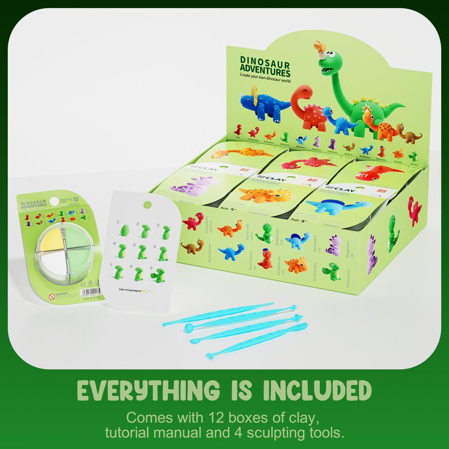 Olihug clay kit opened to show included items: colorful clay tubs, crafting tools, guides, and storage box. Everything a child needs to sculpt 12 dinosaurs with zero baking required.