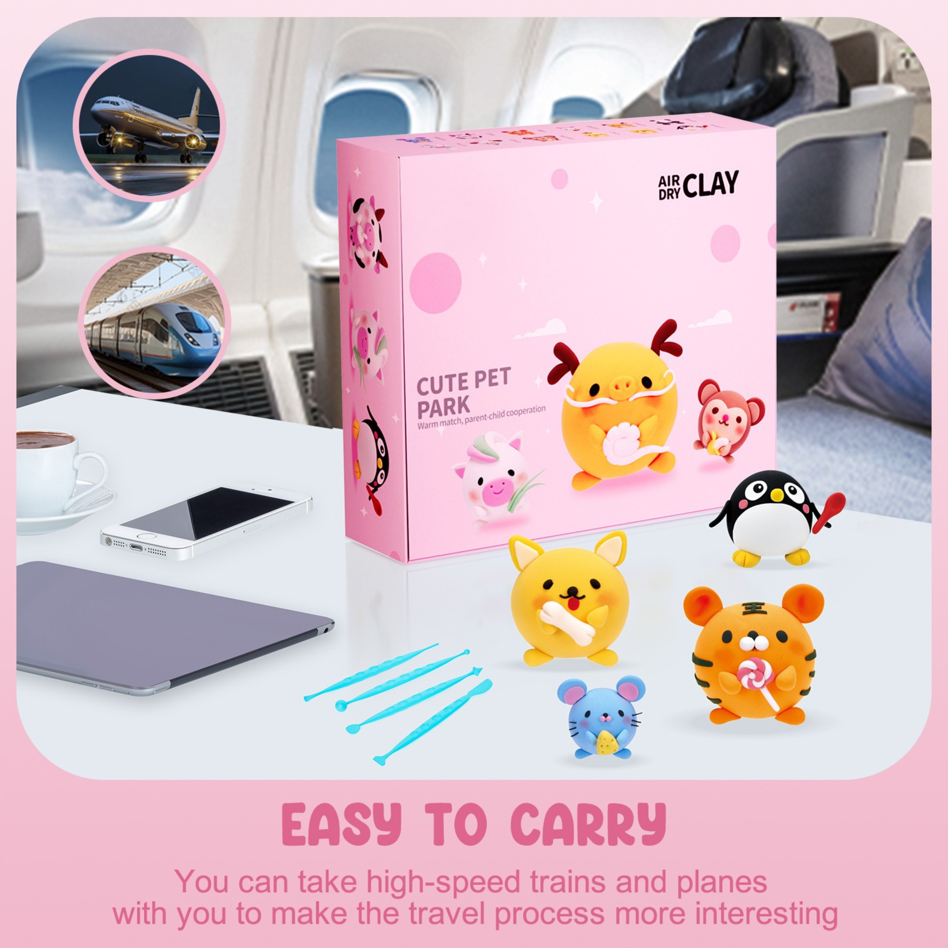Portable Pet Park air dry clay box placed on desk, showcasing how compact and travel-friendly the kit is for gifting or on-the-go family use.